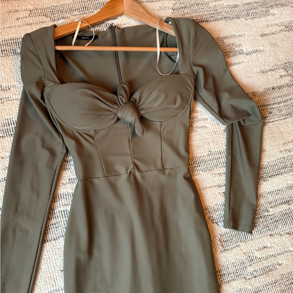 Alex Perry Olive Long Sleeve Dress with Knot Detail
